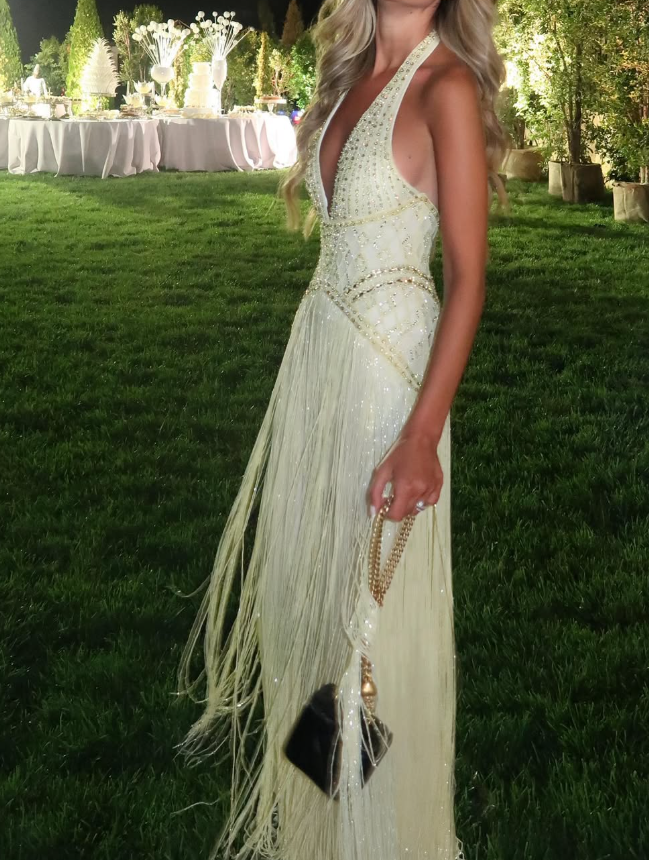 Light Yellow Tassel Exquisite Beaded A Line V Neck Backless Long Prom Dress SH5357