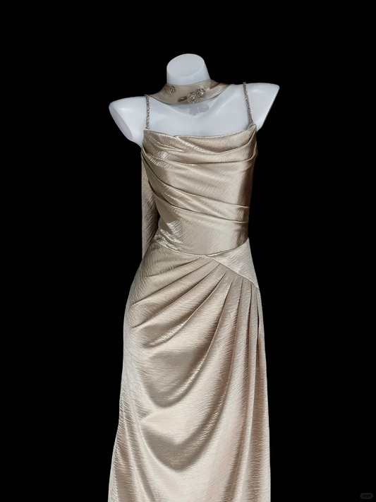 Simple Golden A Line Spaghetti Straps Satin Long Prom Dress Wedding Guest Dress SH5005