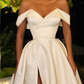 Elegant A Line Off the Shoulder Ivory Satin Long Prom Dress Wedding Dress with Slit SH6114