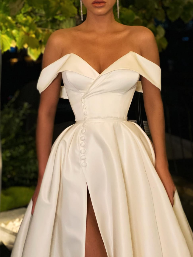 Elegant A Line Off the Shoulder Ivory Satin Long Prom Dress Wedding Dress with Slit SH6114