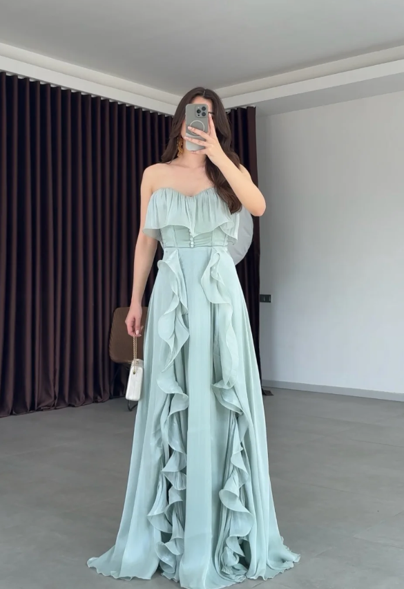 Ethereal A Line Strapless Ruffle Blue Chiffon Long Prom Dress Evening Dress SH7291