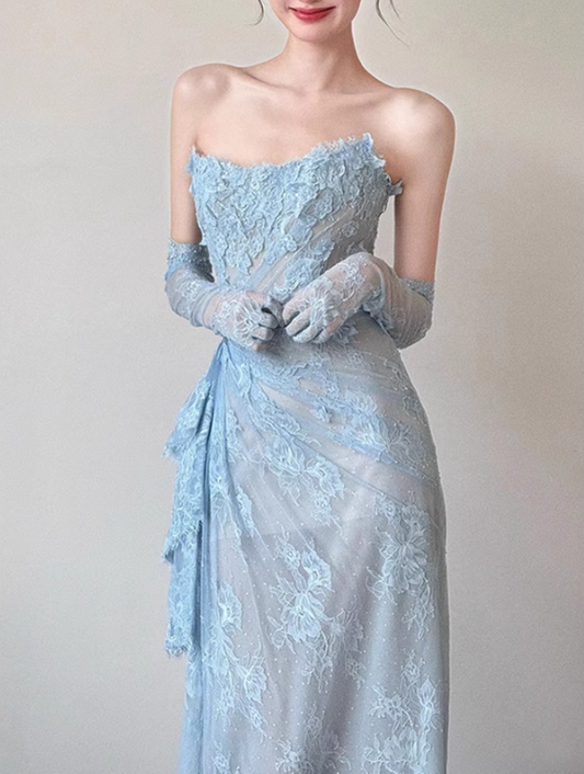 Blue Mermaid Strapless Pleated Blue Lace Long Party Dress Evening Dress SH3380