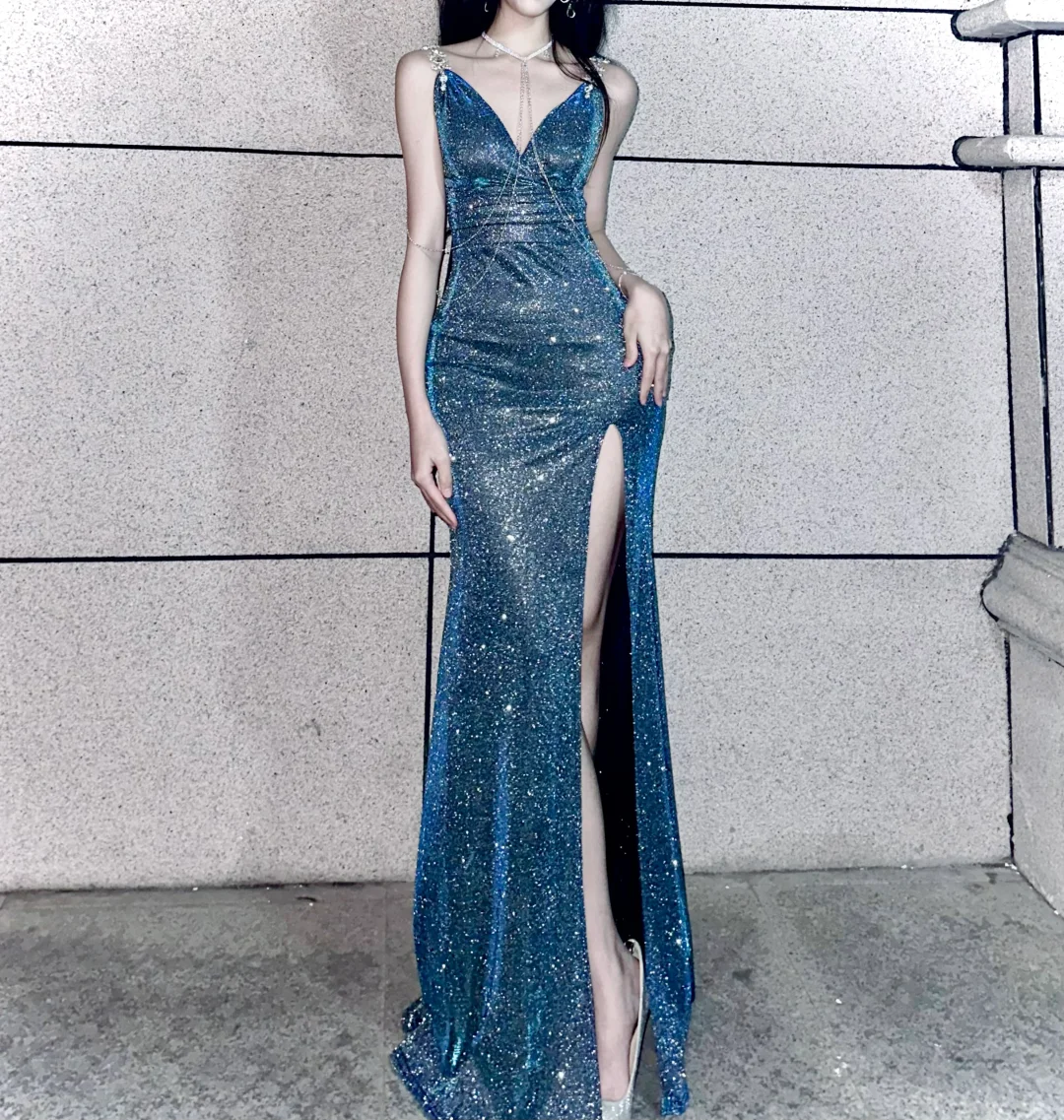 Shiny Blue Mermaid Straps Beaded Sequin Graduation Ball Gown 18th Birthday Dress SH4988