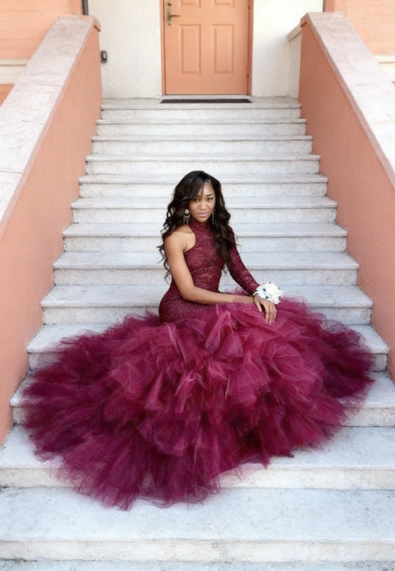 HIGH-NECK ONE-SLEEVE SHEATH LACE PUFFY TULLE PROM DRESS SA130