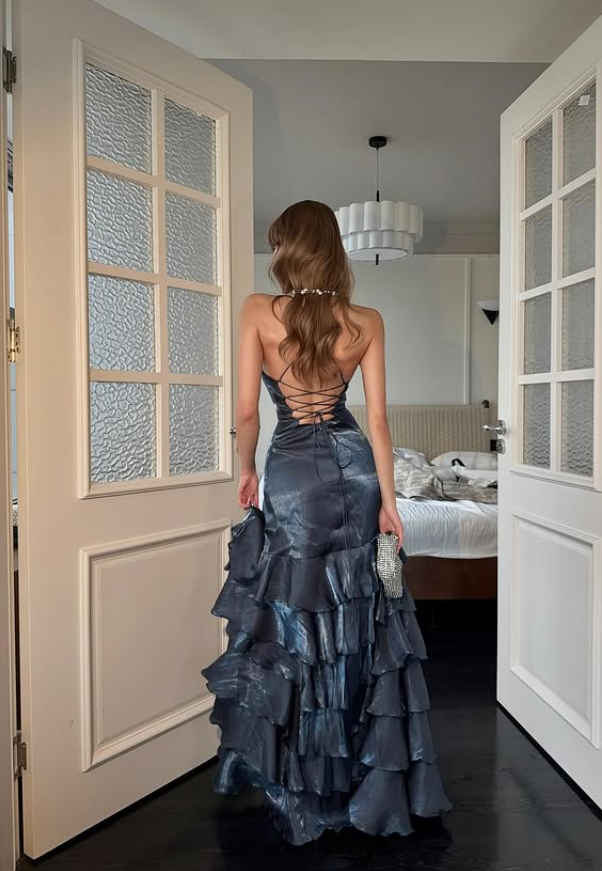 Sexy Mermaid Straps Layered Satin Wedding Guest Dress Prom Dress with Slit SH5223