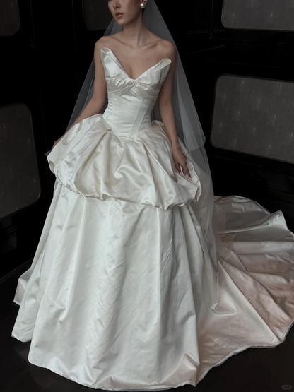 Princess Ball Gown Strapless Ivory Pleated Satin Long Train Wedding Dress SH7722