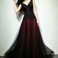 Black and Tulle V-neckline Beaded Lace Long Party Dress, A-line Prom Dress Evening Dresss KS7009