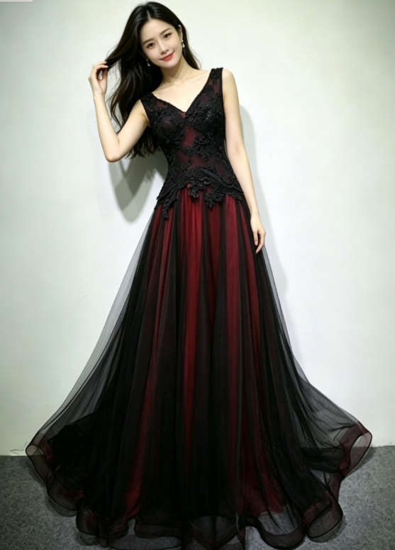Black and Tulle V-neckline Beaded Lace Long Party Dress, A-line Prom Dress Evening Dresss KS7009
