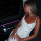 Exquisite A Line Spaghetti Strap Pearl Beaded White Tulle Prom Dress Wedding Guest Dress SH4721