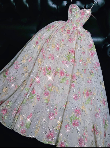 Pink Exquisite Embroidery Ball Gown Sweetheart Neck Tulle Prom Dress Quinceanera Dress SH7165