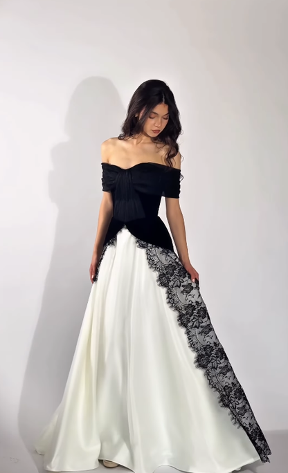 Classic Black-white A Line Straps Velvet Satin Lace Prom Dress Evening Dress SH6757