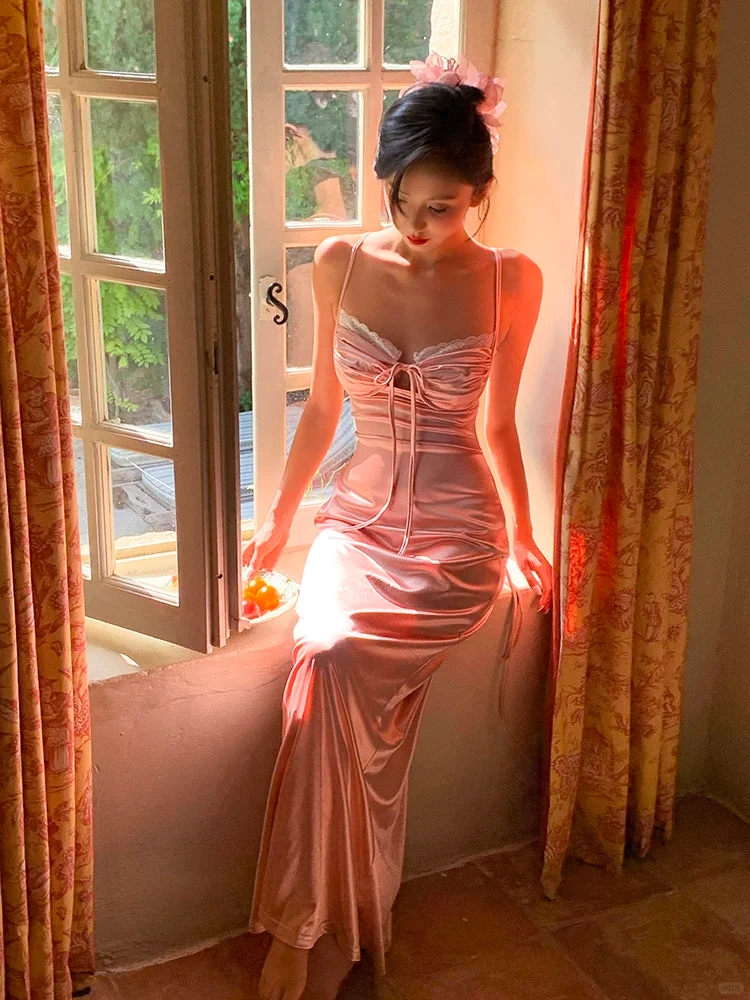 Peaches Pink Sheath Spaghetti Strap Satin Long Prom Dress Evening Dress SH4338