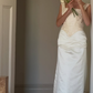 Vintage Simple A Line Square Neck Apricot Print Satin Wedding Dress SH8471
