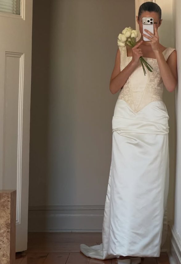 Vintage Simple A Line Square Neck Apricot Print Satin Wedding Dress SH8471