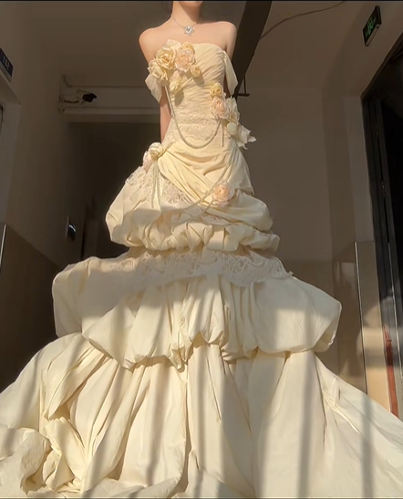 Light Yellow Rose Mermaid Off the Shoulder Pleated Lace Satin Prom Dress Party Dress SH5025