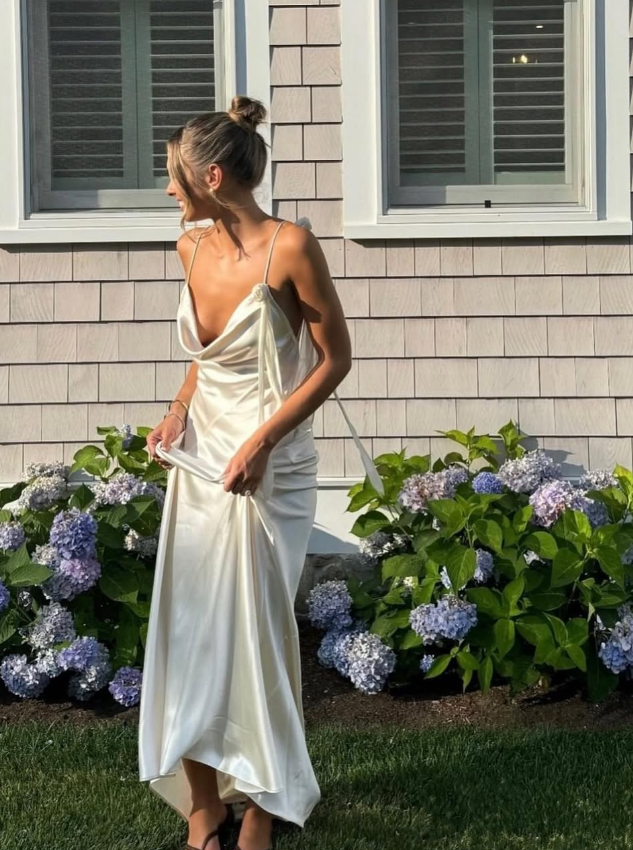 Simple Sheath Straps Ivory Satin Open Back Long Prom Dress Evening Dress SH1974