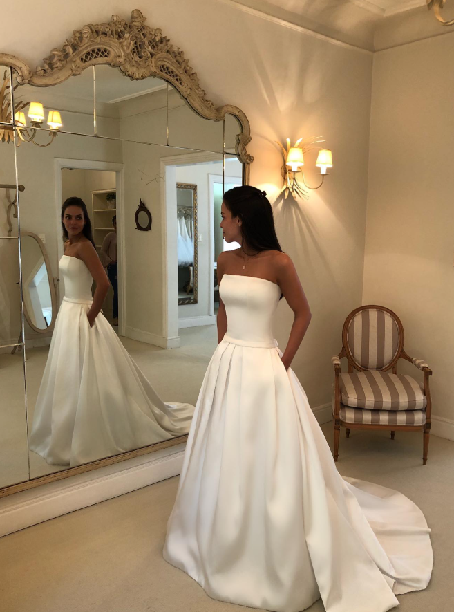 Simple Classic A Line Strapless White Satin Long Wedding Dress SH5306