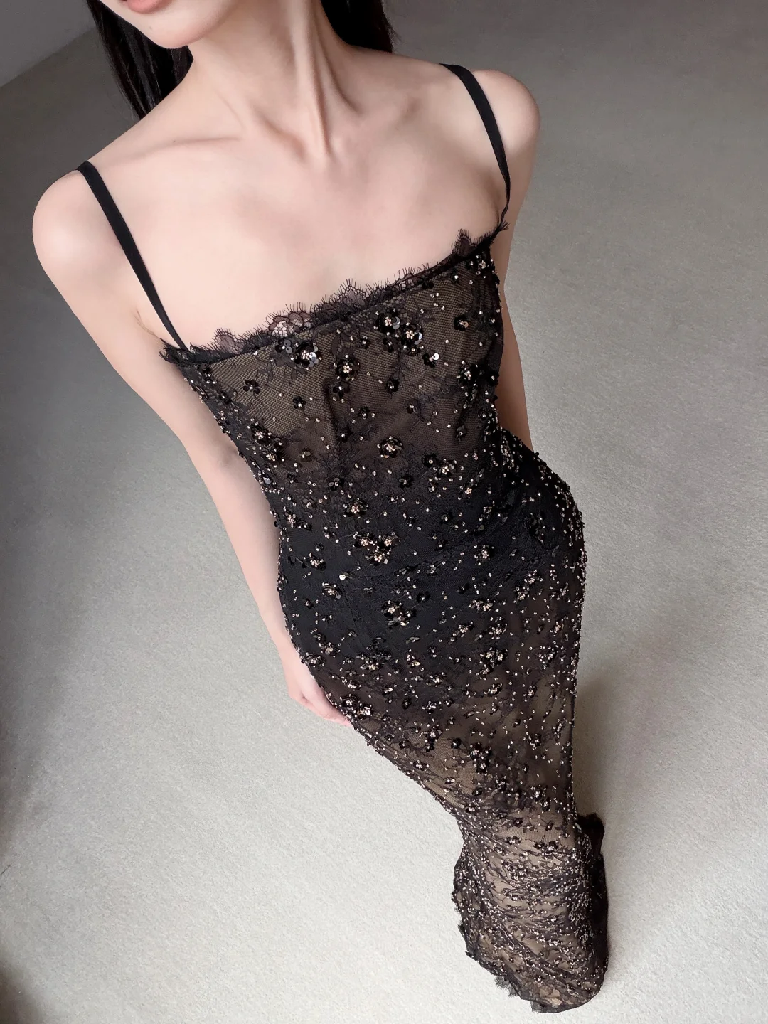 Glamorous Sheath Spaghetti Strap Beaded Black Ombre Tulle Prom Dress Evening Dress SH7715