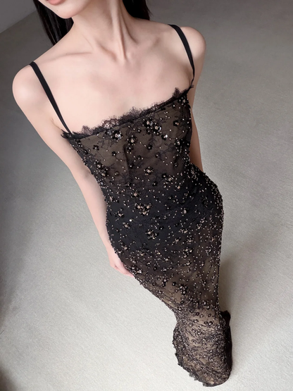 Glamorous Sheath Spaghetti Strap Beaded Black Ombre Tulle Prom Dress Evening Dress SH7715