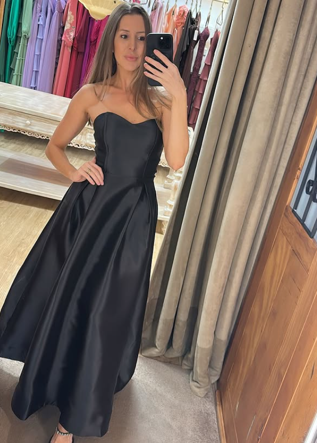 Simple Black A Line Sweetheart Neck Satin Prom Dress Evening Dress SH6360