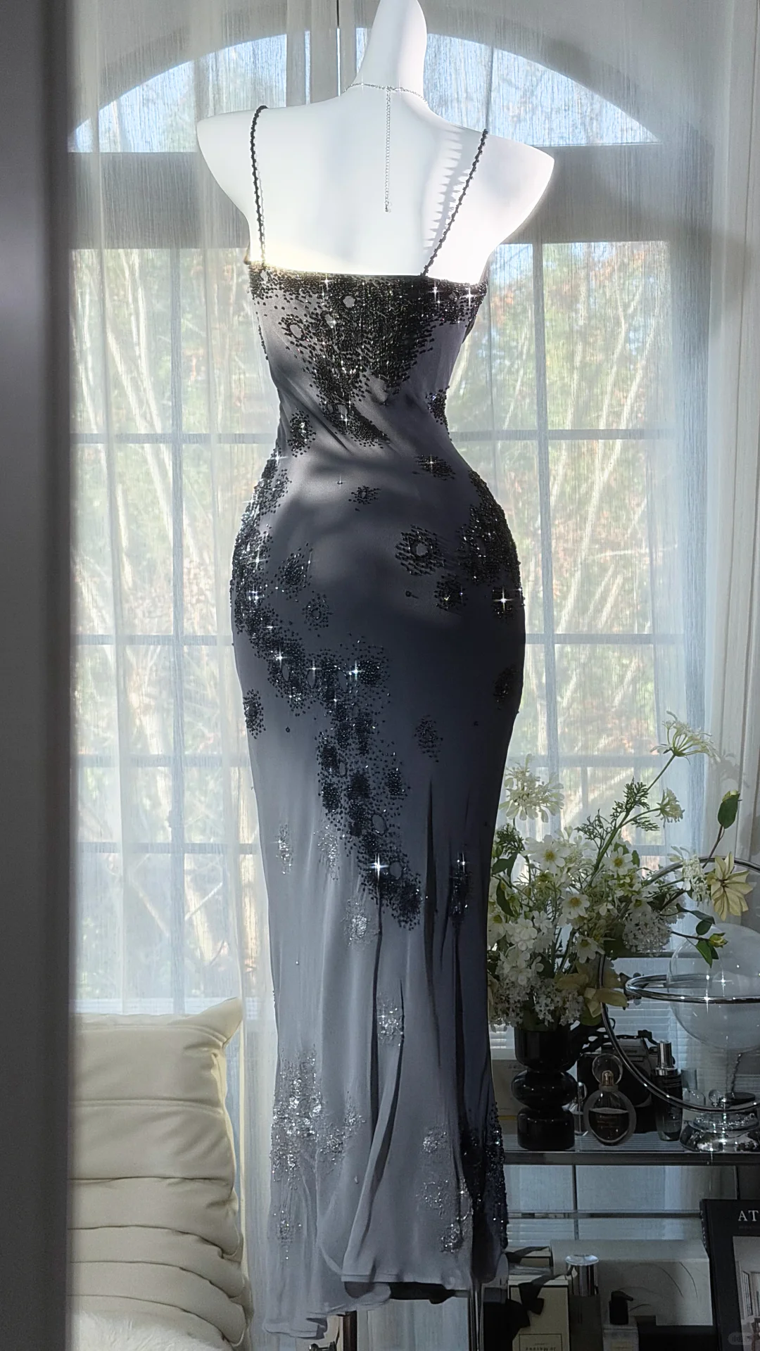 Sexy Black Sheath Floral Beaded Chiffon Long Prom Dress Graduation Prom Dress SH5349