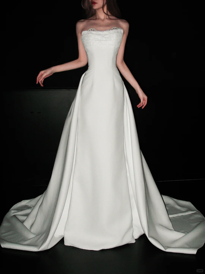Simple A Line Strapless White Lace Satin Wedding Dress SH5868