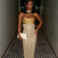 Shiny Sheath Strapless Long Yellow Sequin Satin Party Dresses Prom Dresses SH2898