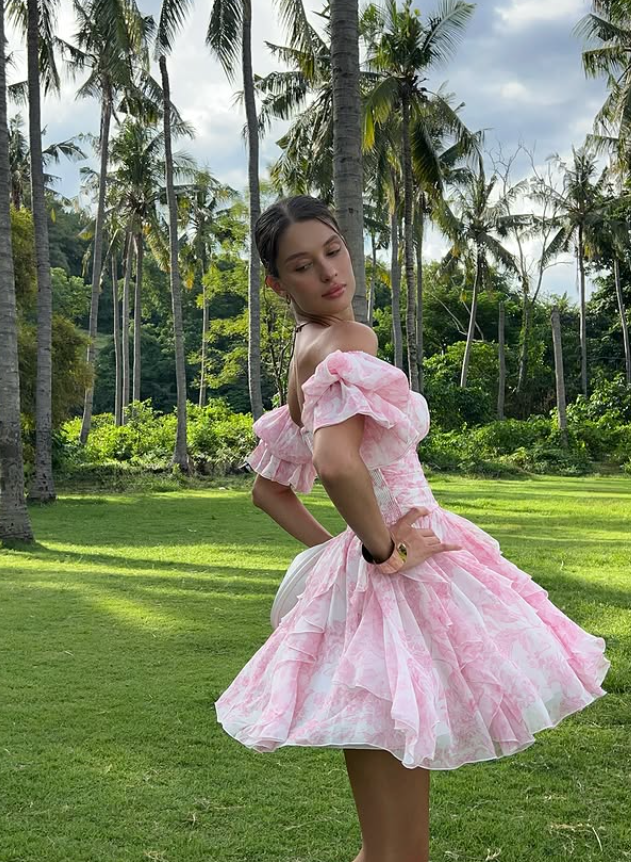 Sweety Pink A Line Off the Shoulder Print Chiffon Short Homecoming Dress Outfits SH6495