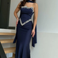 Navy Blue Sheath Strapless Exquisite Beaded Satin Prom Dress Evening Dress SH5397
