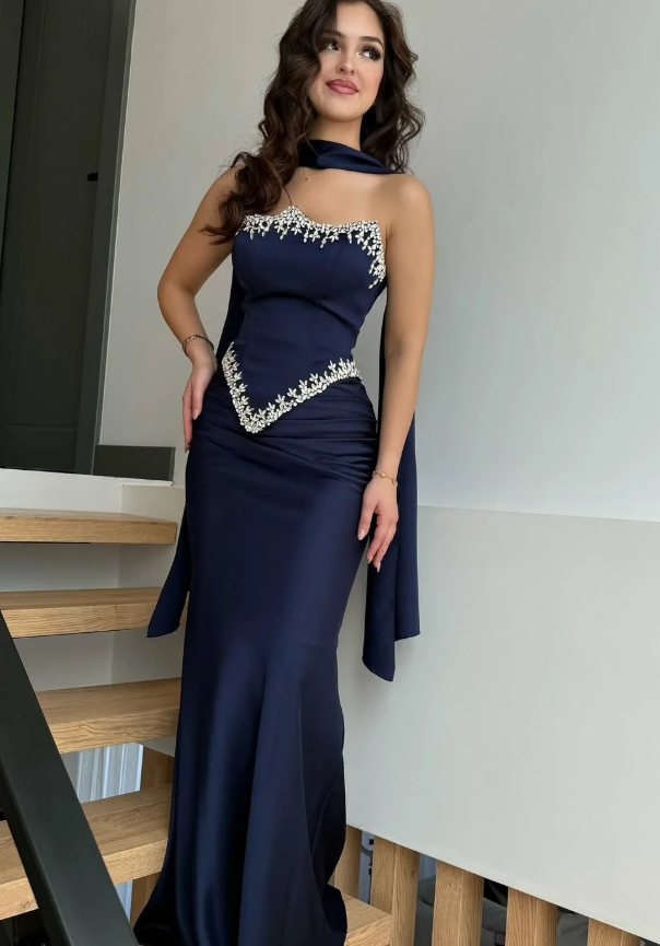 Navy Blue Sheath Strapless Exquisite Beaded Satin Prom Dress Evening Dress SH5397
