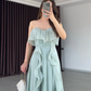Ethereal A Line Strapless Ruffle Blue Chiffon Long Prom Dress Evening Dress SH7291