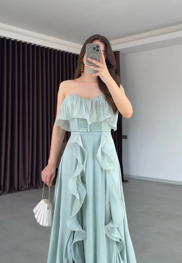 Ethereal A Line Strapless Ruffle Blue Chiffon Long Prom Dress Evening Dress SH7291