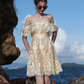 Golden A Line Off the Shoulder Lace Short Homecoming Dress Vacation Dress Outfits SH3996