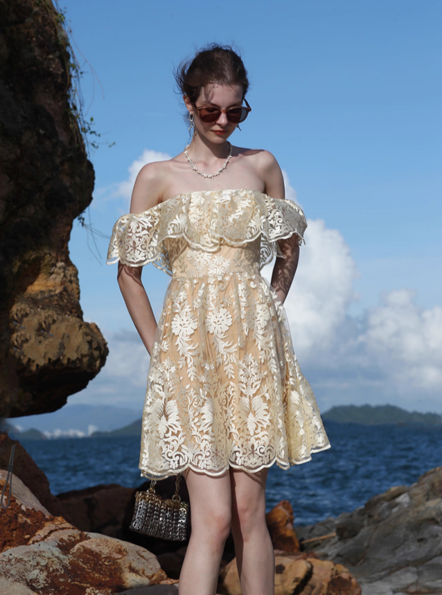 Golden A Line Off the Shoulder Lace Short Homecoming Dress Vacation Dress Outfits SH3996