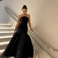 Unique Mermaid Strapless Black Tulle Satin Long Prom Dress Evening Dress with Bow SH2266