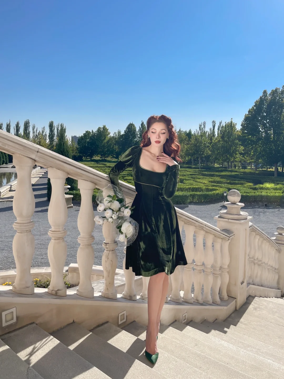 Vintage A Line Long Sleeve Green Velvet Short Prom Dress Homecoming Dress SH4227