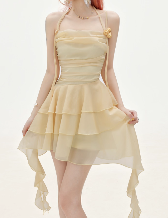 Flowy A Line Halter Layered Yellow Chiffon Open Back Short Homecoming Dress Cocktail Dress SH3174