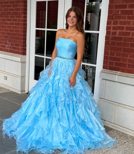 Blue Ball Gown Strapless Beaded Layered Tulle Long Prom Dress Evening Dress SH6582