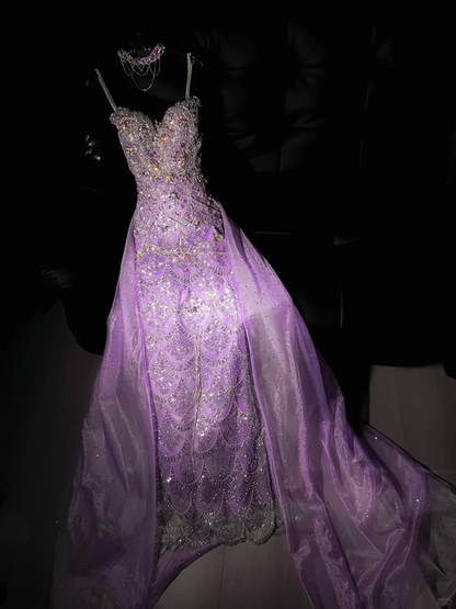 Purple A Line Sweetheart Neck Beaded Sequin Tulle Prom Dress Evening Dress SH3349