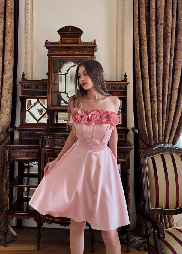 Red A Line Strapless Floral Satin Short Homecoming Dress Party Dress SH4839