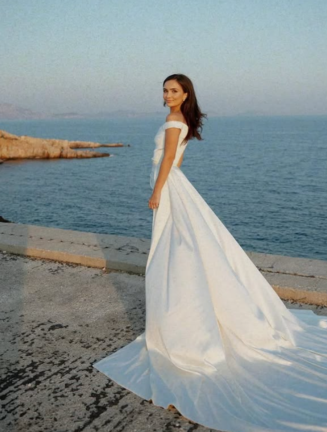 Stunning A Line Off the Shoulder White Satin Long Sweep Wedding Dress SH4857