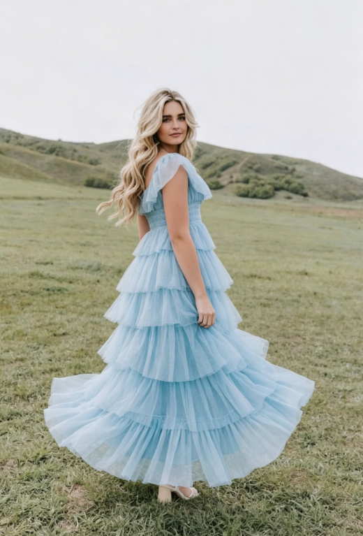 Fairy Sky Blue Sequare Neck Tiered Tulle Evening Dress Long Prom Dress SH1053