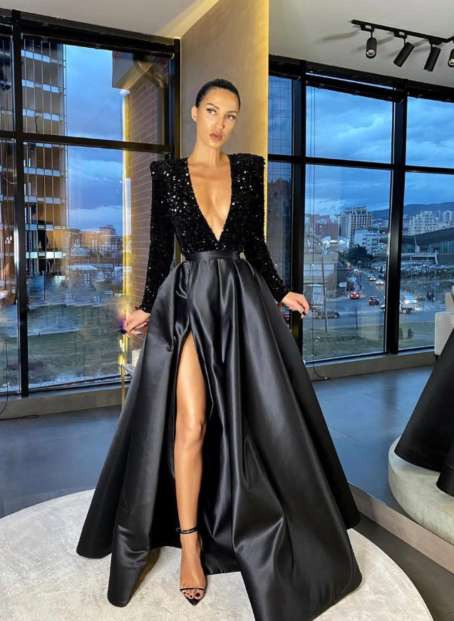 Royal Blue A Line Long Sleeve Shiny Sequin Satin Prom Dress Evening Dress SH5592