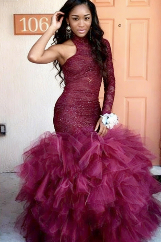HIGH-NECK ONE-SLEEVE SHEATH LACE PUFFY TULLE PROM DRESS SA130