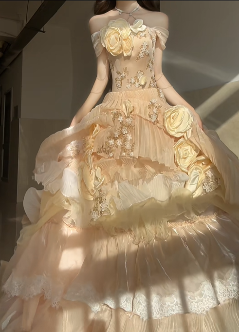 Cute Yellow Rose Ball Gown Off the Shoulder Beaded Satin Prom Dress 16th Birthday Dress SH5030