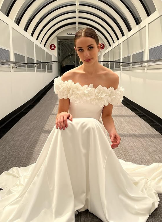 Beautiful Mermaid Off the Shoulder Floral White Satin Prom Dress Wedding Dress SH6519