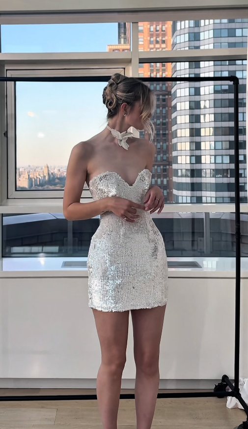 Shiny Silver Sequin Sheath Sweetheart Neck Short Prom Dress Homecoming Dress SH6397