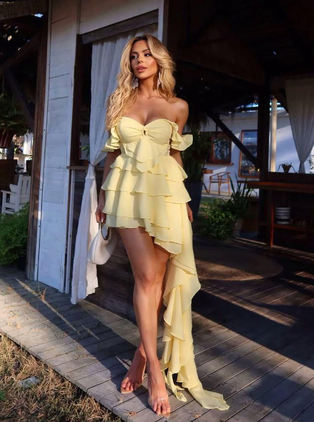 Yellow A Line Off the Shoulder Layered Chiffon Short Homecoming Dress Outfits SH4765