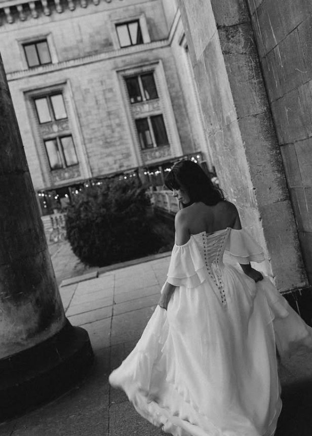 Ethereal Timeless A Line Off the Shoulder White Layered Chiffon Prom Dress Wedding Dress SH6685