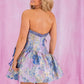 Lavender Blue Floral Brocade Strapless Homecoming Dress with Bow Detail SH7893